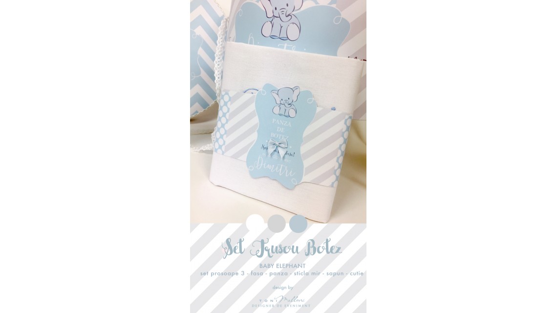 Trusou de botez cu broderie personalizata pentru baieti, Bleu & Grey Elephant 15
